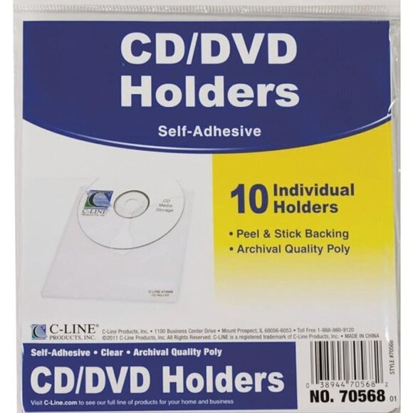 C-Line Self-Adhesive CD Holder, 1 Disc Capacity, Clear, 10/Pack - Picture 1 of 3
